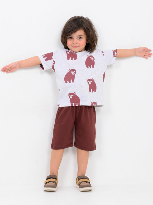 Oversized Bear Buddy Cotton Short Set (Light Grey-Brownish Red)